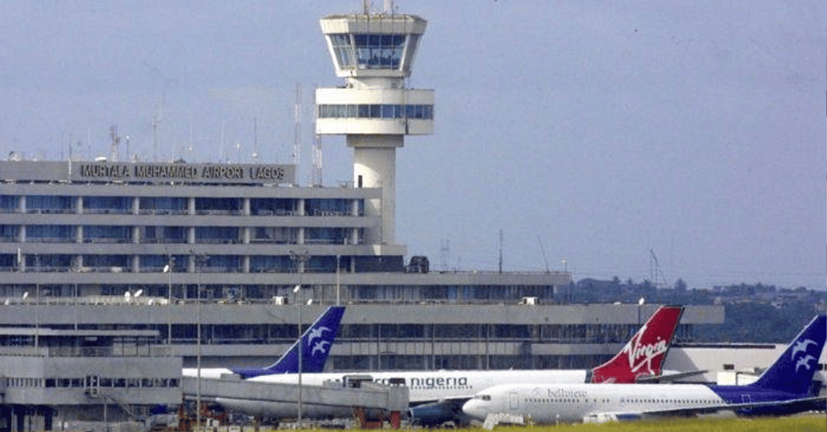 Lagos airport terminal with passengers and aircraft visible.