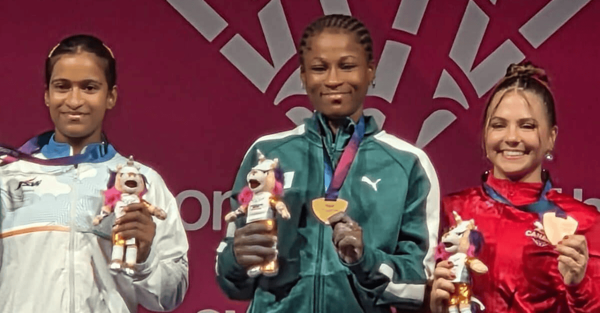 Ella Onojuvwevwo celebrating with Nigerian flag at Glasgow 2026