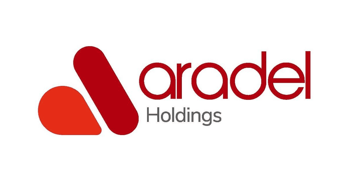 Aradel Holdings headquarters building in Lagos, Nigeria, with corporate signage.